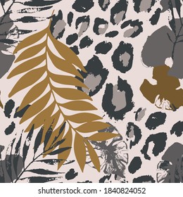 Dark tropical seamless pattern. Abstract tropical floral creative background with palm leaves, animal skin print. Digital vector art for surface design, fabric, gift wrapping, wallpaper