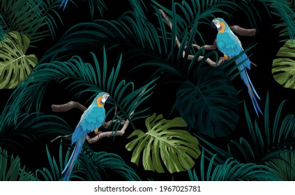 Dark tropical seamless pattern with exotic monstera and royal palm leaves, blue macaws and branches. Vector illustration.