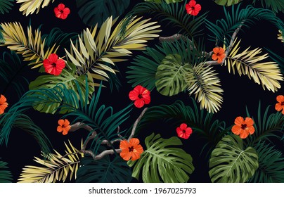 Dark tropical seamless pattern with exotic monstera and royal palm leaves and red hibiscus flowers. Vector illustration.