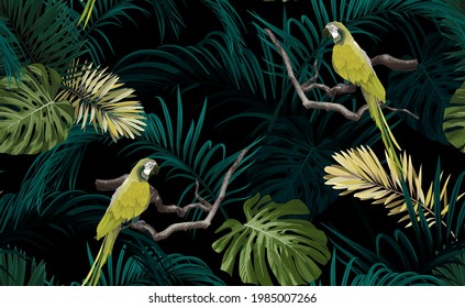 Dark tropical seamless pattern with exotic monstera and royal palm leaves, light green perrots and branches. Vector illustration.