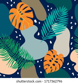 Dark tropical seamless pattern, hand drawn vector illustration with green palm, orange monstera leaves. 
