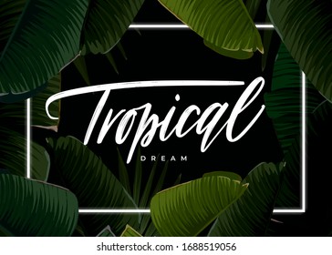 Dark tropical summer design with banana palm leaves, glowing frame and space for text. Vector flyer, banner or card template. Summer vector background.