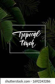 Dark tropical summer design with banana palm leaves, glowing frame and space for text. Vector flyer, banner or card template. Summer vector background.