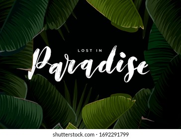 Dark tropical summer design with banana palm leaves and space for text. Vector flyer, banner or card template. Summer vector background.