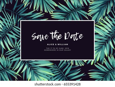 Dark tropical wedding design with exotic plants. Vector tropical background with green phoenix palm leaves.