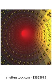 Dark tunnel covered with radioactive warning sings, leading into a dangerously reddish glowing light.