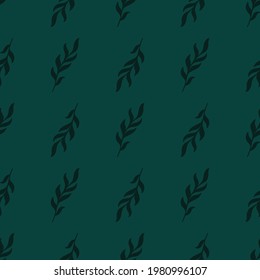 Dark turquoise colored seamless pattern with hand drawn leaves twig shapes. Nature botanic backdrop. Graphic design for wrapping paper and fabric textures. Vector Illustration.