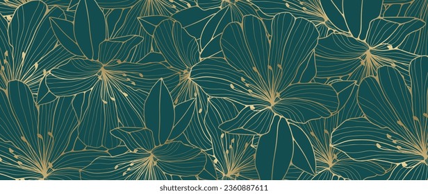 Dark turquoise floral luxury background with a golden outline of delicate flowers. Background for decor, wallpaper, covers, cards, presentations and posts on social networks.