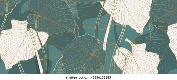 Dark turquoise luxury botanical background with white tropical leaves and golden outline. Abstract background for decor, wallpapers, postcards, covers and presentations, social media posts.