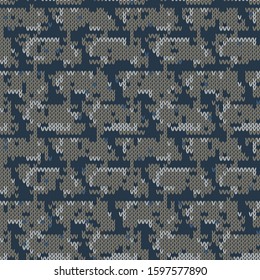 Dark tweed knit stitch effect vector texture. Masculine dark camo seamless melang pattern. Hand knitting sweater material. Close up fabric textile craft background. Homespun wool allover print swatch.