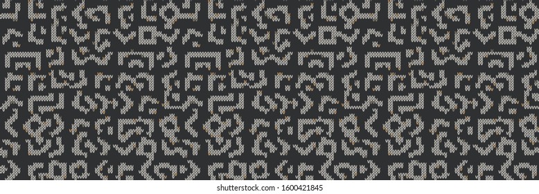Dark tweed knit stitch effect vector border texture. Masculine gray seamless woven pattern. Hand knitting sweater material. Close up fabric textile  banner background. Homespun wool ribbon trim edge.