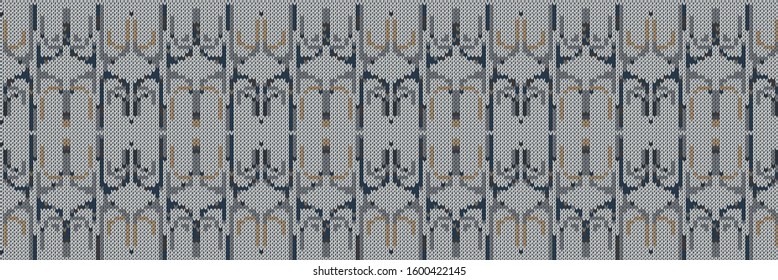 Dark tweed knit stitch effect vector border texture. Masculine gray seamless woven pattern. Hand knitting sweater material. Close up fabric textile  banner background. Homespun wool ribbon trim edge.