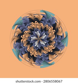 Dark twilight gradient geometric tile mandala in sunset peach, cool slate, indigo dye, space cadet, platinum, muted cyan, gunmetal, outer space