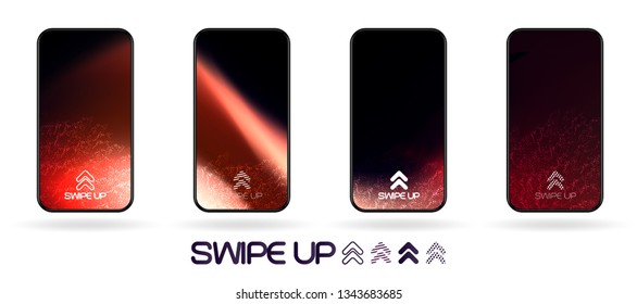 Dark twisted liquid swirl abstract backdrop with  swipe up icon. Glowing splashes in space. vector UI social network swipe stories invitation template  illustration