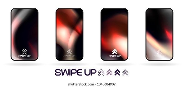 Dark twisted liquid swirl abstract backdrop with  swipe up icon. Glowing splashes in space. vector UI social network swipe stories invitation template  illustration