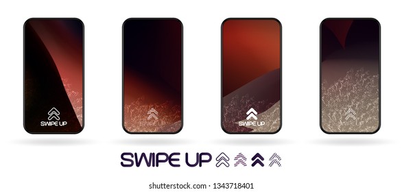 Dark twisted liquid swirl abstract backdrop with  swipe up icon. Glowing splashes in space. vector UI social network swipe stories invitation template  illustration