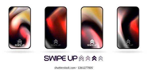 Dark twisted liquid swirl abstract backdrop with  swipe up icon. Glowing splashes in space. vector UI social network swipe stories invitation template  illustration