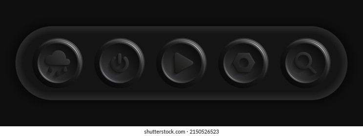 Dark UI App Icons. Set of Weather, Power, Play, Settings, Search Black Buttons. Vector illustration