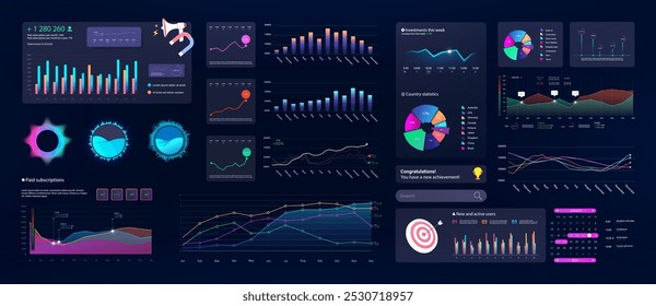 Interfaz de usuario oscura, gráficos, infografía, diagramas en la colección de Plantilla del panel. Interfaz de usuario, UX, tablero de KIT con infografía de círculo y menú de gestión de datos. Estadísticas futuristas, analíticas. Vector gráfico, gráficos