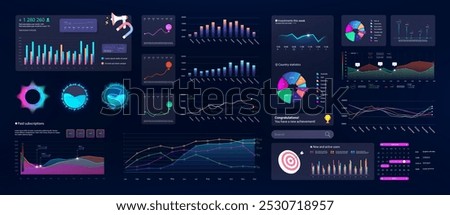 Dark UI, charts, infographic, diagrams in dashboard template collection. UI, UX, KIT dashboard with circle infographic and data management menu. Futuristic Statistic, analytic. Vector graphic, charts