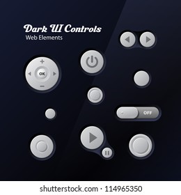 Dark UI Controls Web Elements: Buttons, Switchers, Player, Audio, Video: Play, Stop, Next, Pause