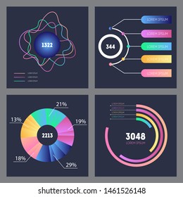 Dark ui kit for web design, mobile apps with the different pie charts and comparison diagrams.