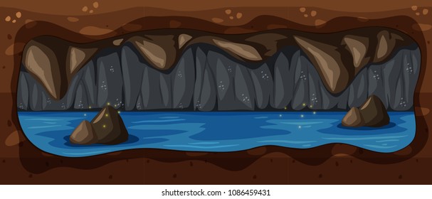 Ilustración de la escena del río Cave Subterráneo oscuro