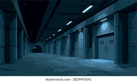 Dark Underground Concrete Tunnel with Eerie Fluorescent Lighting