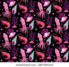 Dark Underwater Seamless Pattern with Squid, Shrimp and Seashells