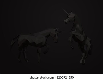 Dark Unicorn Isolated Vector Illustration Set 3D Low Poly Rendering