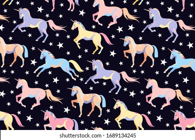 Dark unicorn pattern. Seamless unicorn and star design. Beautiful magic horses. Children illustration pony. Running unicorns. Hand drawn vector design for web and print.