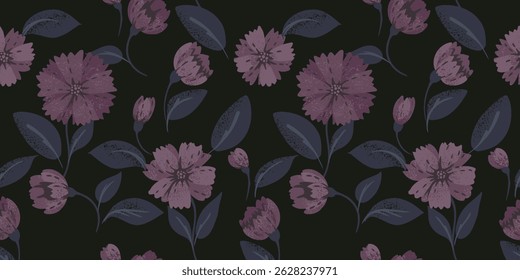 Dark unique seamless pattern with abstract unique flowers and big leaves. Vector hand drawn large floral print. Ornament for designs, children textiles, notebook cover
