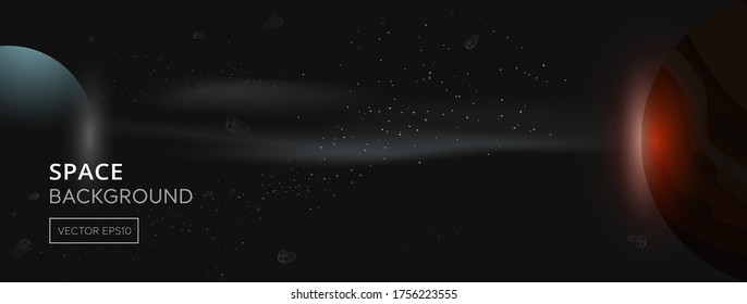 Dark universe banner background with planets and group of stars