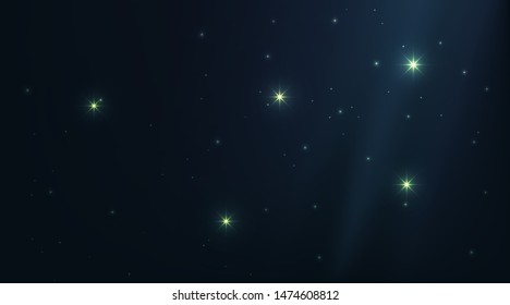 Dark universe night sky with shining stars. Constellation shadow deep blue background. Bright vector space galaxy illustration.  Stardust particle wallpaper