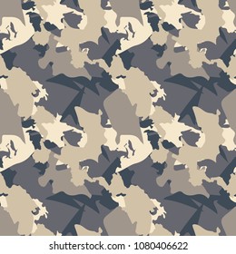 Dark urban camouflage of various shades of beige and navy. It is a colorful seamless repeat pattern that can be used as a camo print for clothing and background and backdrop or computer wallpaper