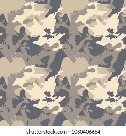 Dark urban camouflage of various shades of beige and navy. It is a colorful seamless repeat pattern that can be used as a camo print for clothing and background and backdrop or computer wallpaper