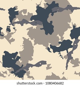 Dark urban camouflage of various shades of beige and navy. It is a colorful seamless repeat pattern that can be used as a camo print for clothing and background and backdrop or computer wallpaper