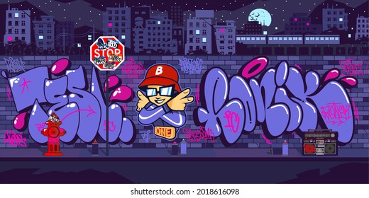 Dark Urban Graffiti Wall With Drawings At Night Against The Background Of The Cityscape Vector Illustration Art