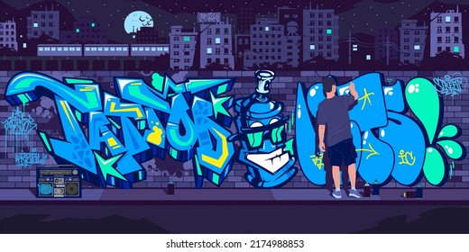 Dark Urban Graffiti Wall With Street Artist Painting Graffiti Drawings At Night Against The Background Of The Cityscape Vector Illustration