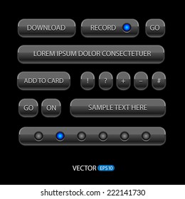 Dark User Interface Buttons. Web Elements. Website, Software UI: Buttons, Switchers, Slider, Arrows, Drop-down, Navigation Bar, Menu, Tooltip, Check Box, Radio, Scroller, Input Search