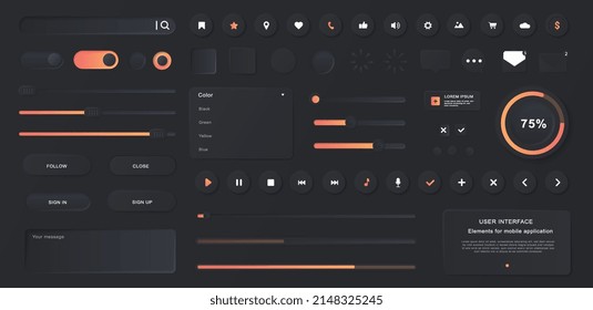 Dark user interface. Collection of images for website, modern technology and digital world. Music application or program icon set. Cartoon flat vector illustrations isolated on black bacground
