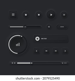 Dark user interface elements. Neumorphism. UI icons set for mobile, web, social media. audio player