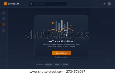 A dark user interface for a financial dashboard shows an empty state message. The screen includes a search bar, sidebar icons, and a button to clear filters on a dark background.