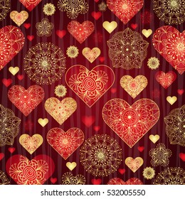 Dark valentine pattern with shiny red and gold vintage hearts and wave translucent strips (vector eps 10)