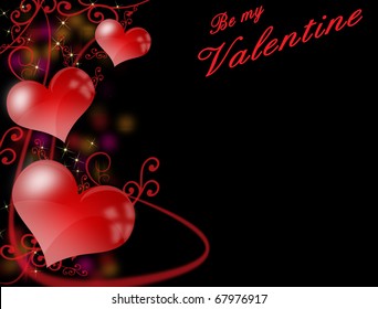 Dark valentines background or greeting card with glossy red hearts, vector background