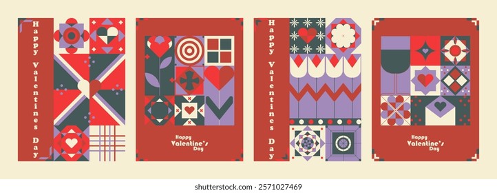 Dark valentine's day Bauhaus Inspired posters. Trendy simple and minimalist, universal modern artistic cards with hearts and texte.