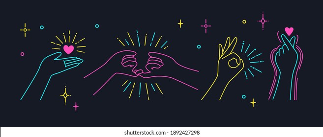 Dark Valentines Day postcard design with hand holding heart. Finger love symbol, Female hand gestures with Korean love sign. minimalist trend style symbol Designs. I love you color Icon. concepts Greeting vector illustration