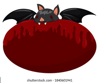 Dark vampire bat biting a sign with bloody design, isolated over white background.