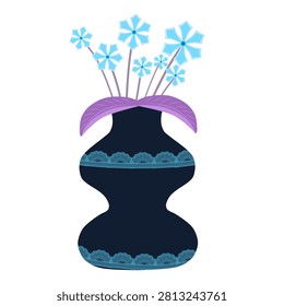 A dark vase with blue stylized flowers and purple foliage. vector illustration.
