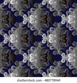Dark vector abstract floral seamless pattern background with decorative abstract silver grey 3d  flowers and ornaments. 3d Decor with shadow and highlights, Endless modern luxury texture.
